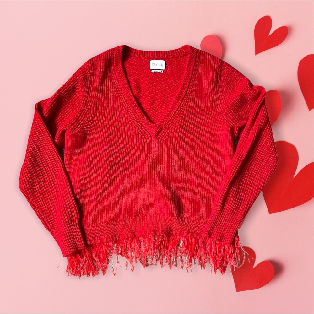 SAYLOR | V-neck Knit Sweater w/ Feather Trim, EUC